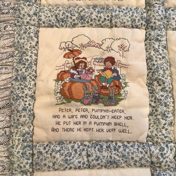 Handmade Childrens Blanket Quilt With Cross Stitch Nursery Rhymes Kitschy 45”x32 - Picture 4 of 14